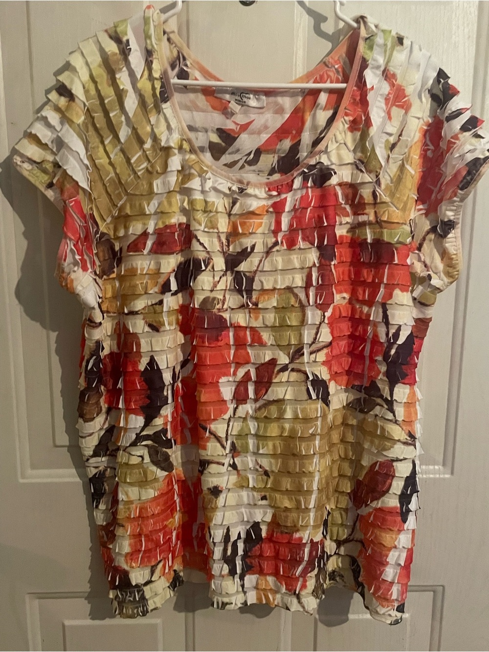 Moa Moa Coral, Olive & Cream Ruffled Short Sleeve Top